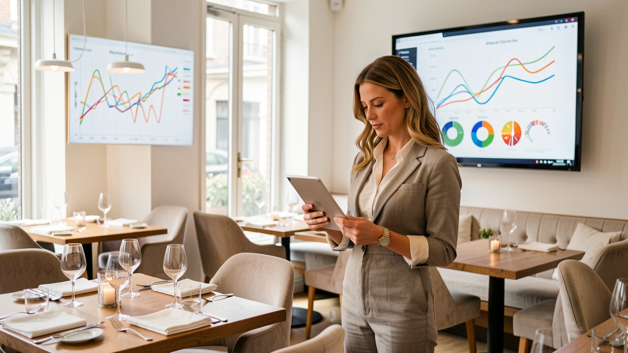 Une restauratrice analyse des tendances sur une tablette dans une salle de restaurant moderne et lumineuse.
