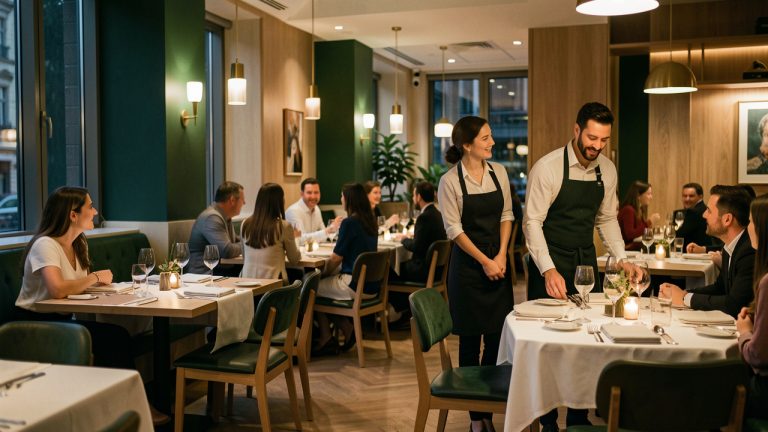 Salle de restaurant contemporaine animée, avec une équipe composée d’une femme et d’un homme en plein service dans une ambiance chaleureuse, professionnelle et élégante.
