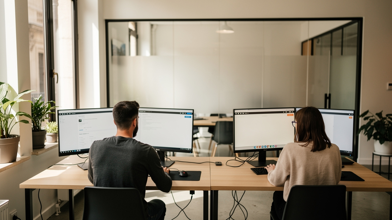 Espace de coworking moderne à Metz avec un homme et une femme travaillant sur des doubles écrans, et une salle de réunion vitrée en arrière-plan baignée de lumière naturelle.