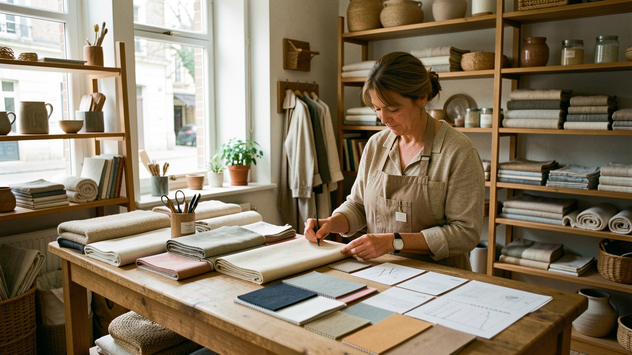 Une gérante examine des échantillons de textiles et des documents de vente sur le comptoir d’une boutique de décoration indépendante à Auxerre.