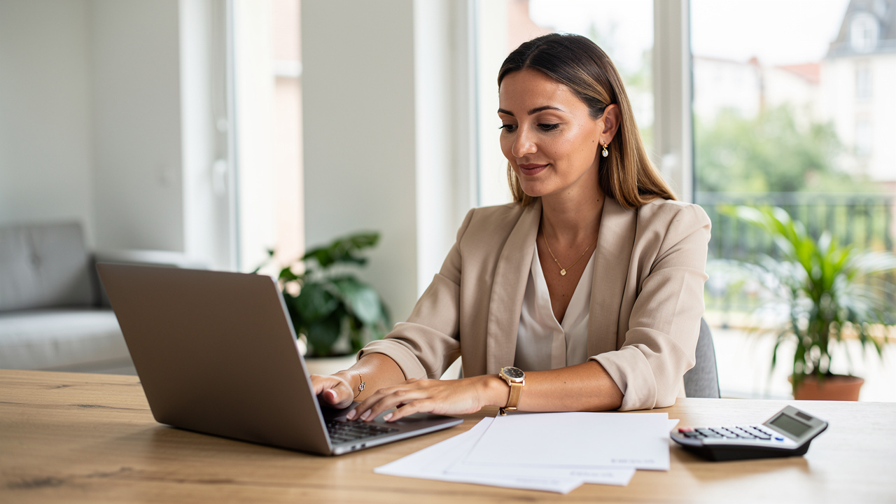 Une femme indépendante de Metz travaille à domicile devant un ordinateur portable, avec des documents de gestion vierges et une calculatrice sur une table dans un espace de vie lumineux.