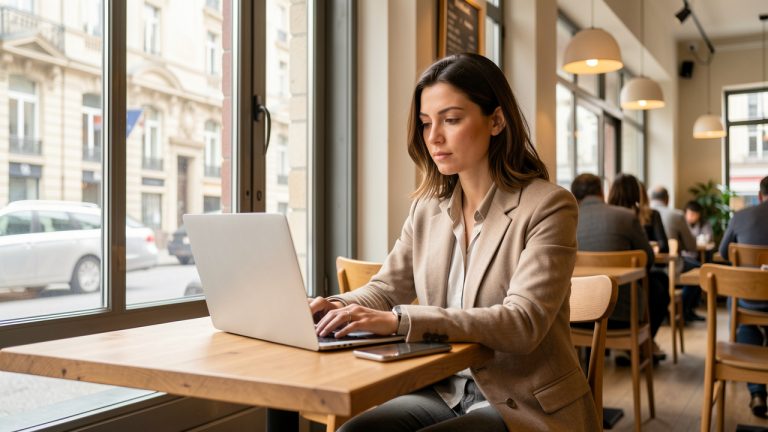 Femme indépendante travaillant sur un ordinateur portable dans un café lumineux et professionnel à Metz.