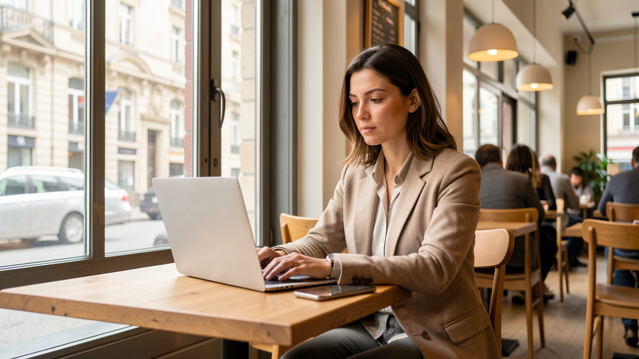 Femme indépendante travaillant sur un ordinateur portable dans un café lumineux et professionnel à Metz.