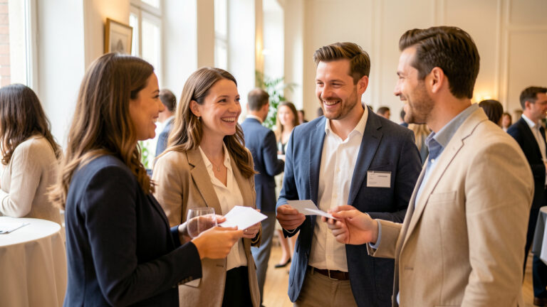 Des indépendants, deux femmes et deux hommes, échangent des cartes de visite vierges dans une ambiance conviviale lors d’un événement professionnel lumineux à Metz.