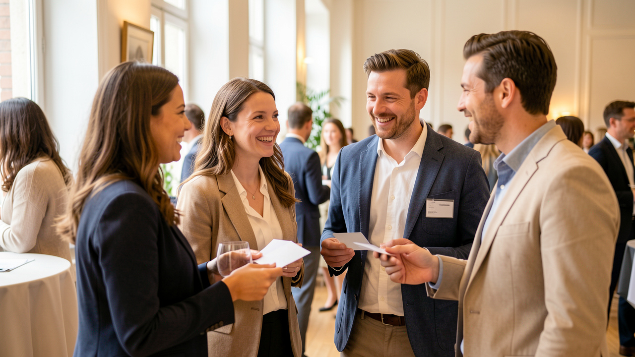 Des indépendants, deux femmes et deux hommes, échangent des cartes de visite vierges dans une ambiance conviviale lors d’un événement professionnel lumineux à Metz.